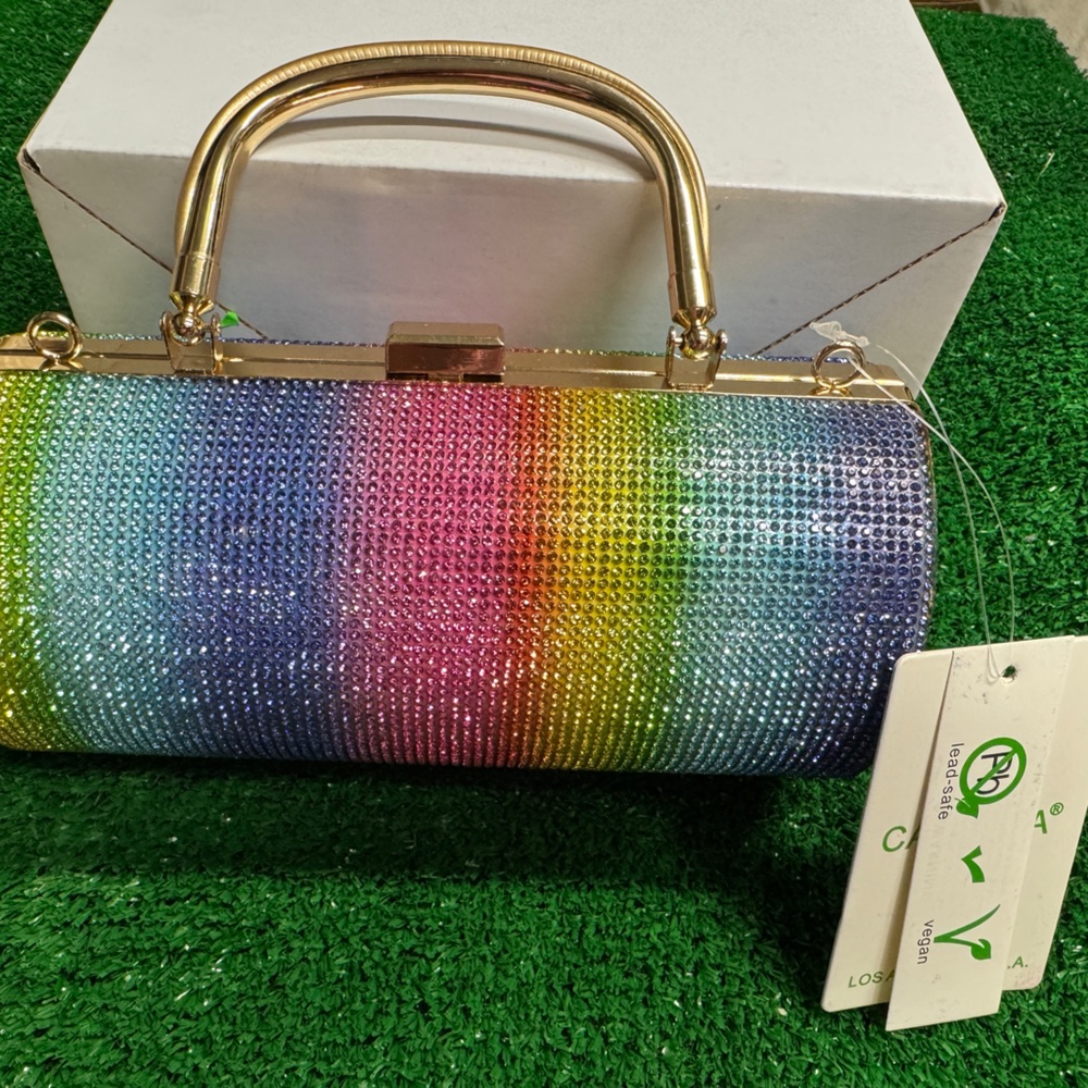 Vibrant Multicolor Rhinestone Clutch with Gold Handle